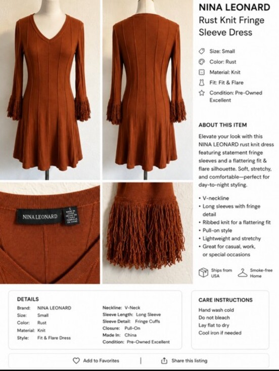 Nina Leonard Dresses & Skirts - Nina Leonard Rust Knit Fit-and-Flare Dress with Fringe Sleeves